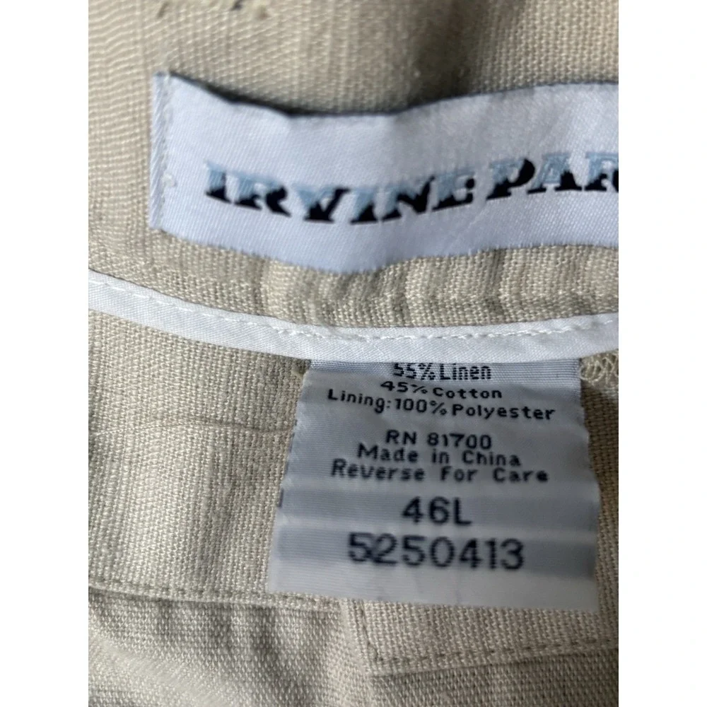Men's 46x 32 Linen Cotton Pleated Dress Pants Beige Cuffed Irvine Park